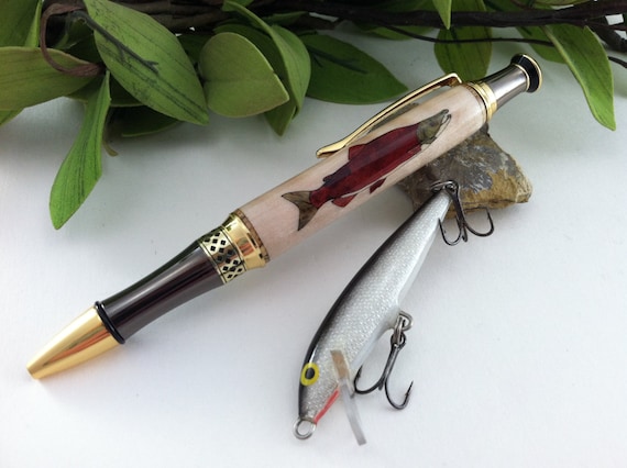 Personalized Mighty Salmon Wood Inlay Fisherman Outdoor's Men Writing Pen  Free Engraving 