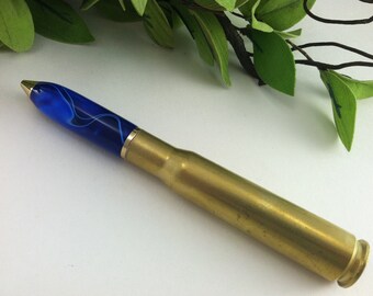 Vibrant Blue Spent 50 Caliber Machine Gun Bullet Cartridge Pen - Free Engraving