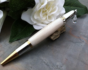 Charmed Pearly White Wedding Guest Book Pen - Swarovski Crystal Inlay and Suspended Crystal Charm - Free Engraving