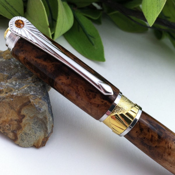 Father of the Bride Art Deco Inspired Eucalyptus Burl Rollerball Pen with 22Kt Gold and Golden Swarovski Crystal Inlay - Free Engraving