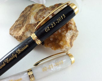 Bride and Groom Wedding Pen Set - Hand-Crafted White and Black Pearl His and Hers Wedding Guest Book Pens - Free Engraving