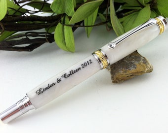 Wedding Guest Book Pen - 22kt Shimmering White Pearl Writing Pen with Swarovski Crystal Inlay - FREE Engraving