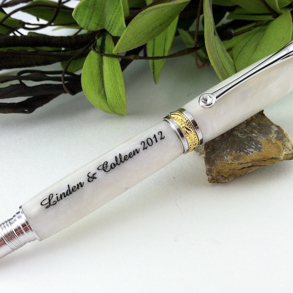 Wedding Guest Book Pen - 22kt Shimmering White Pearl Writing Pen with Swarovski Crystal Inlay - FREE Engraving