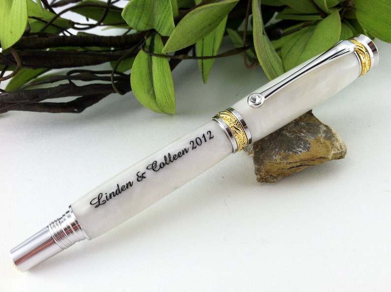 Wedding Guest Book Pen 22kt Shimmering White Pearl Writing Pen with Swarovski Crystal Inlay FREE Engraving image 1