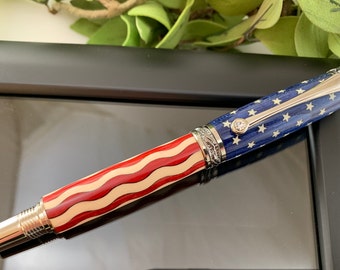 American Flag Wood Inlay Calligraphy Fountain Pen or Rollerball with a Swarovski Crystal Accent Pen Box NOT INCLUDED - FREE Engraving