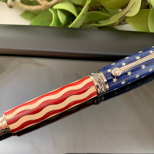 American Flag Wood Inlay Calligraphy Fountain Pen or Rollerball with a Swarovski Crystal Accent Pen Box NOT INCLUDED - FREE Engraving