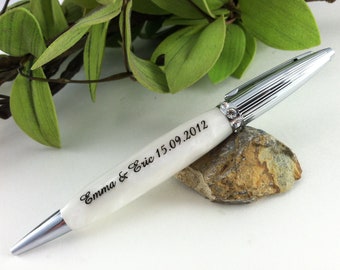 Wedding Guest Book Pen - Crystal Princess Bride White Pearl Pen Adorned with 8 Swarovski Crystals - Free Engraving