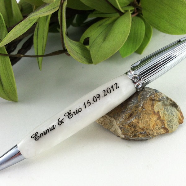 Wedding Guest Book Pen - Crystal Princess Bride White Pearl Pen Adorned with 8 Swarovski Crystals - Free Engraving
