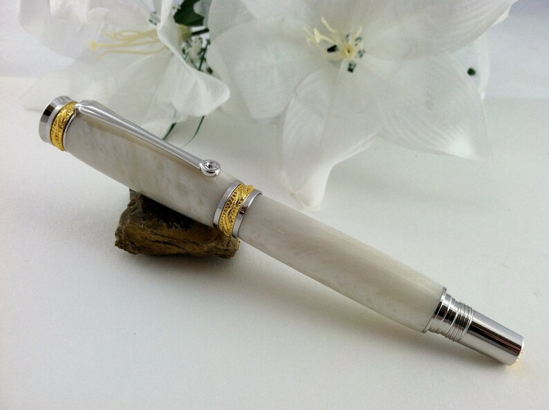 Wedding Guest Book Pen 22kt Shimmering White Pearl Writing Pen with Swarovski Crystal Inlay FREE Engraving image 4