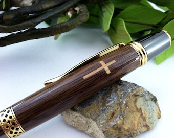 Personalized Walnut and Bethlehem Olivewood Holy Cross Inlay Writing Pen - FREE Engraving