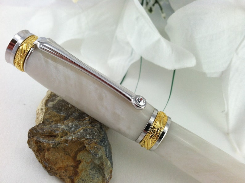 Wedding Guest Book Pen 22kt Shimmering White Pearl Writing Pen with Swarovski Crystal Inlay FREE Engraving image 3