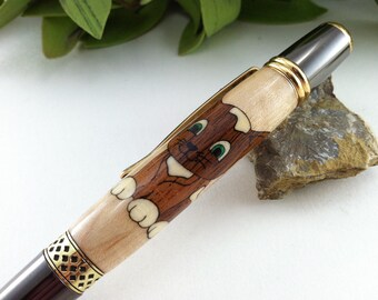 Here Kitty Wood Inlay Writing Pen - Free Engraving