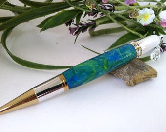 Charmed Blue-Green Ocean Writing Pen - Swarovski Crystal Inlay and Suspended Crystal Charm - Free Engraving