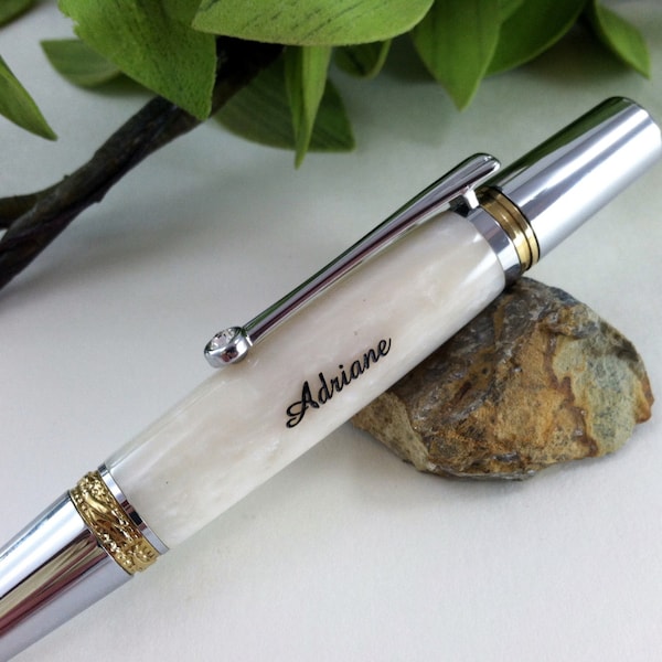 Personalized Engraved Wedding Guest Book Pen - Pearly White Swarovski Crystal Inlay - Free Engraving