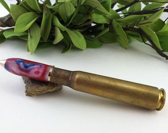 Proud American - Red, White and Blue Spent 50 Caliber Brass Machine Gun Bullet Cartridge Pen - Free Engraving