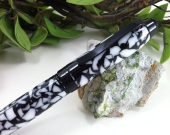 Moasic White and Black Chunks and Pieces Hand-Crafted Writing Pen - FREE Engraving