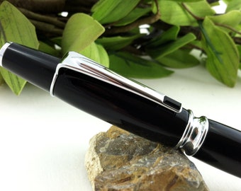 Jet Black Hand Crafted Writing Pen with Black Swarovski Crystal Inlay - Free Engraving