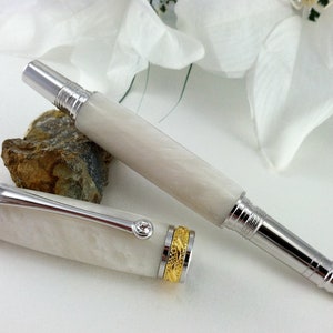 Wedding Guest Book Pen 22kt Shimmering White Pearl Writing Pen with Swarovski Crystal Inlay FREE Engraving image 2