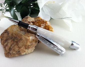 Wedding Guest Book Pen - Stunning White Pearl Etched Cap Rollerball Writing Pen  - Free Engraving