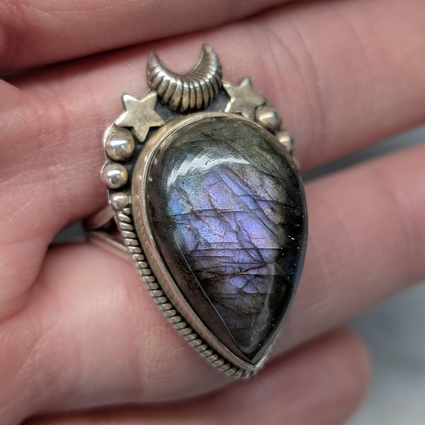 Reserved for Katie*******Large Labradorite Ring, Purple Blue Stone, Sterling Silver Moon Stars Setting