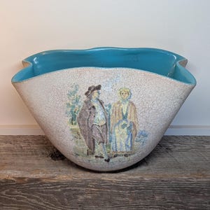 Antique 1930's La Mirada California Art Pottery Bowl Vase, Turquoise Interior, Figures, And Pastoral Scene