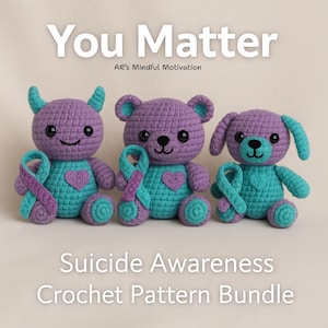 Suicide Prevention Awareness | Mental Health | Crochet Pattern Bundle 6 PDF Patterns + Ribbon & Heart Appliqués