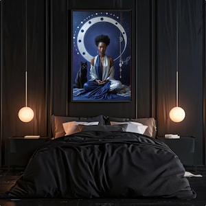 Celestial Goddess Black Cat Print: Afrocentric Spiritual Wall Art (Digital Download