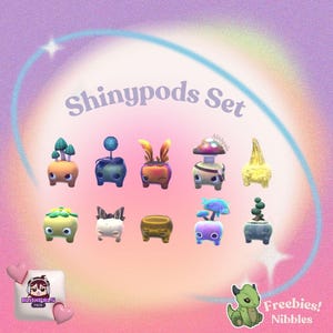 以下が含まれることがあります： キノコやウサギの耳など、ユニークなデザインが施された11個のカラフルなShiny Podsのセット。画像はパステルカラーの背景で、「Shinypods Set」の文字が入っています。