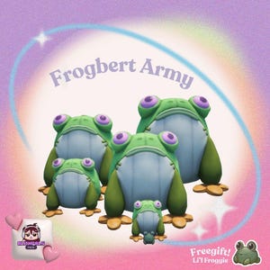 May include: A group of plush frog toys in various sizes, with green bodies, purple eyes, and light blue bellies. The text "Frogbert Army" is above the frogs, with a rainbow and stars in the background. The image also includes the text "Freegift! Li'l Froggie".