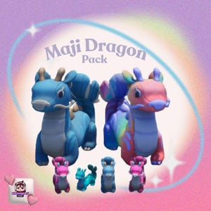 May include: A pack of Maji Dragon figurines in various colors, including blue, pink, and rainbow hues. The larger dragons have detailed features, while smaller versions are also present. The background is a gradient of purple and pink with a rainbow arc.