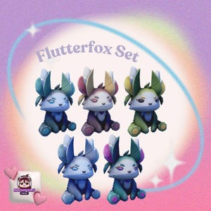 Pode incluir: Um conjunto de cinco figuras Flutterfox em várias cores, incluindo azul, roxo, verde e castanho. Cada figura tem orelhas grandes e estilizadas e uma pose sentada. O texto "Flutterfox Set" é exibido acima das figuras.