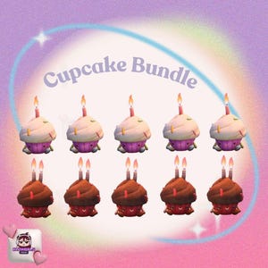 Könnte beinhalten: Ein Bild von Cupcakes, einige mit Vanille- und andere mit Schokoladen-Frosting. Jeder Cupcake hat eine brennende Kerze. Der Text "Cupcake Bundle" steht im Zentrum, vor einem pastellfarbenen Hintergrund.