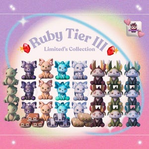 Peut inclure: Une collection de petites figurines d'animaux stylisées de différentes couleurs, dont le vert, le violet, le pêche, le bleu et le marron. Le texte "Ruby Tier III Limited's Collection" est affiché au-dessus des figurines, avec des illustrations de gemmes.