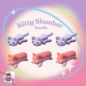 May include: The image displays a 'Kitty Slumber Bundle' with six cat-shaped and pig-shaped plush toys. The cats are light blue with pink accents, and the pigs are pink and peach. The background is a soft gradient of pink and purple.