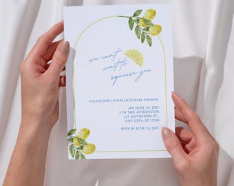 Baby Shower Invitation - We Can’t Wait to Squeeze You Theme - Editable Canva Template - Baby Invite - Instant Download