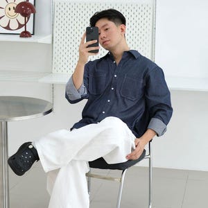 Long Sleeve Denim - men’s denim style shirt, smart casual shirt men, weekend shirt men, denim look shirt men, navy button up shirt