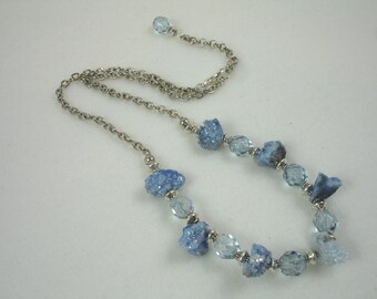 Necklace with druzy nuggets and crystals, light blue druzy necklace