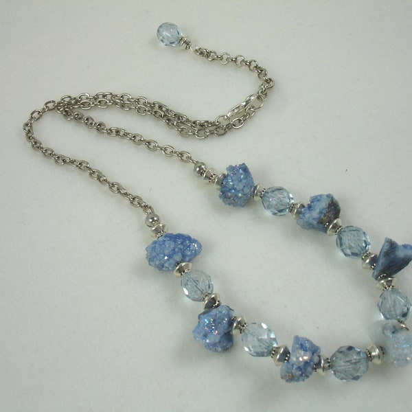 Necklace with druzy nuggets and crystals, light blue druzy necklace