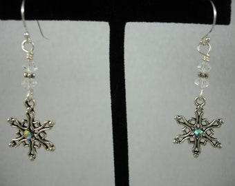 Small snowflake earrings in silver, tiny snowflakes with crystals on sterling ear wires, winter jewelry