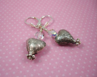 Puffy heart earrings on sterling silver lever backs, earrings with silver hearts and crystals, Valentine's gift