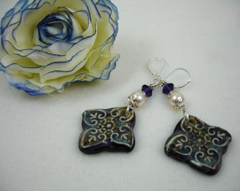 Purple ceramic earrings with pearls and Swarovski crystals, sterling silver lever backs with ceramic patterned tile drops