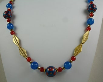 Long necklace with vintage beads, ceramic beads and red  agate necklace, blue and red necklace