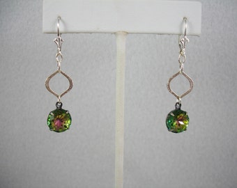 Multicolor crystal earrings on sterling silver lever backs, earrings with medium vitrail round crystal drops and brushed silver links