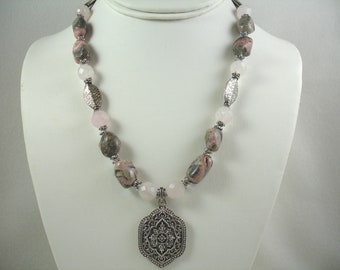 Necklace with silver pendant, rose quartz and stone beads, gray and pink beads