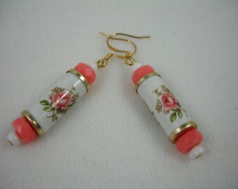 Earrings with vintage floral beads, coral and white earrings, gold plated