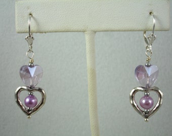 Earrings with crystal hearts and pearls, lavender heart earrings in sterling silver, Valentine gift