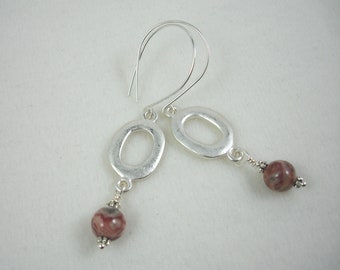 Crazy lace agate earrings with silver oval links, earrings with round agate beads,multi color