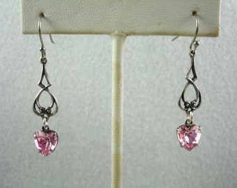 Pink crystal heart earrings, heart shaped crystal earrings with dainty link, stainless steel ear wires, Valentine's Day