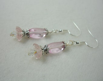 Pink flower earrings, earrings with pale pink flowers, crystals and beads, silver plated