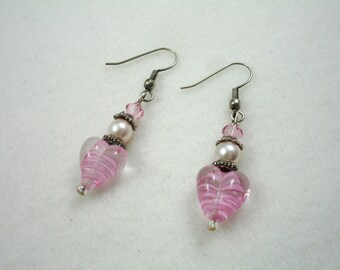 Pink heart earrings, lamp work hearts with pearls and crystals, Valentine's Day earrings